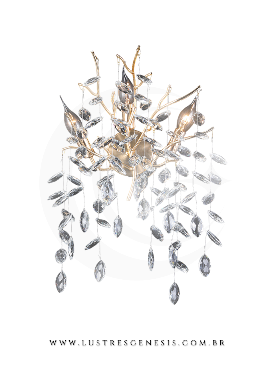 Arandela Parede de Cristal Galho Dourado 50x30cm Para Sua Parede